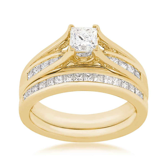 Natural 1-1/2 ct. tw. Princess Cut Diamond Channel Wedding Set in 14K Yellow Gold