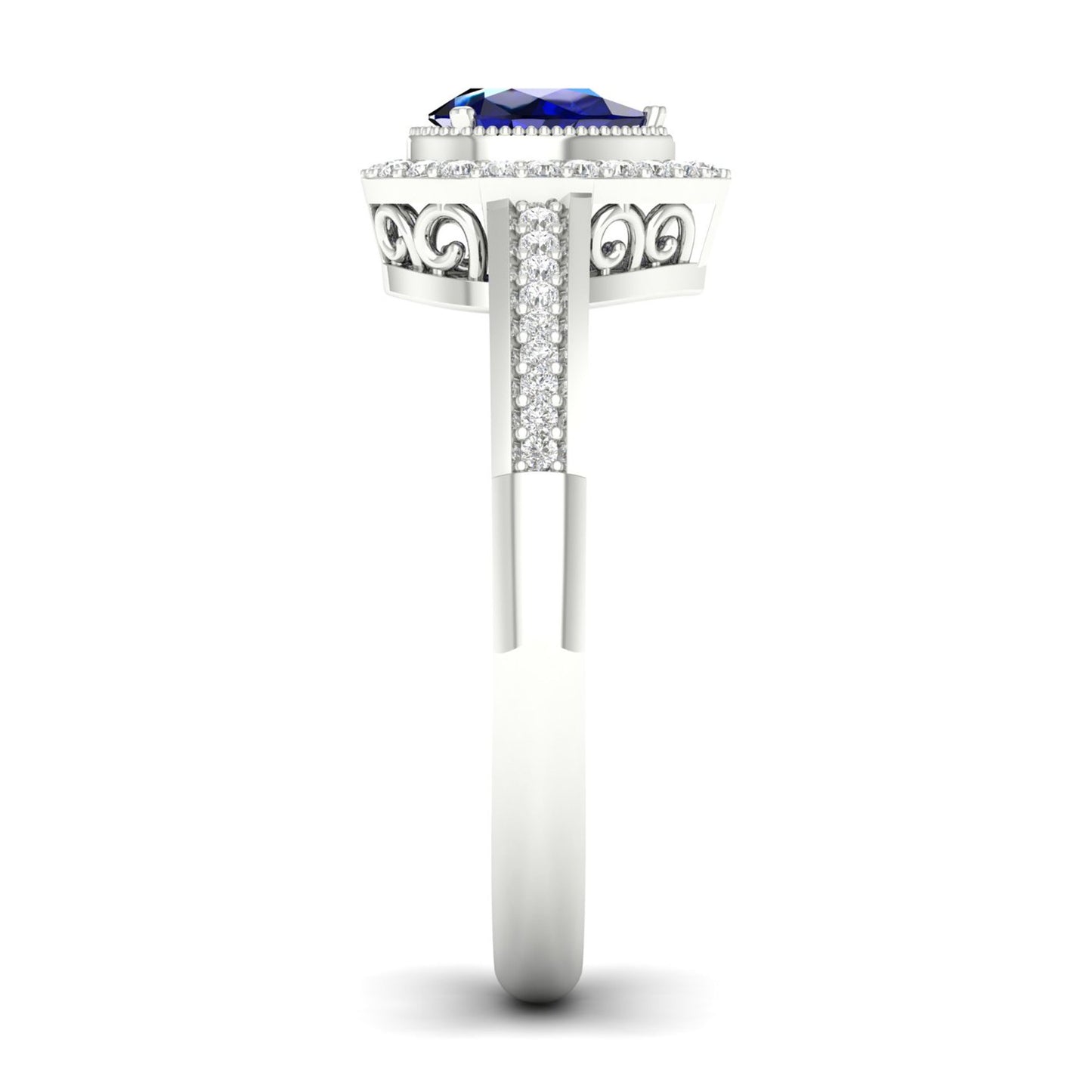 Blue Pear-Shaped Sapphire and 1/8 ct. tw. Diamond Halo Ring with Milgrain and Filigree Design in 10K White close-up detail