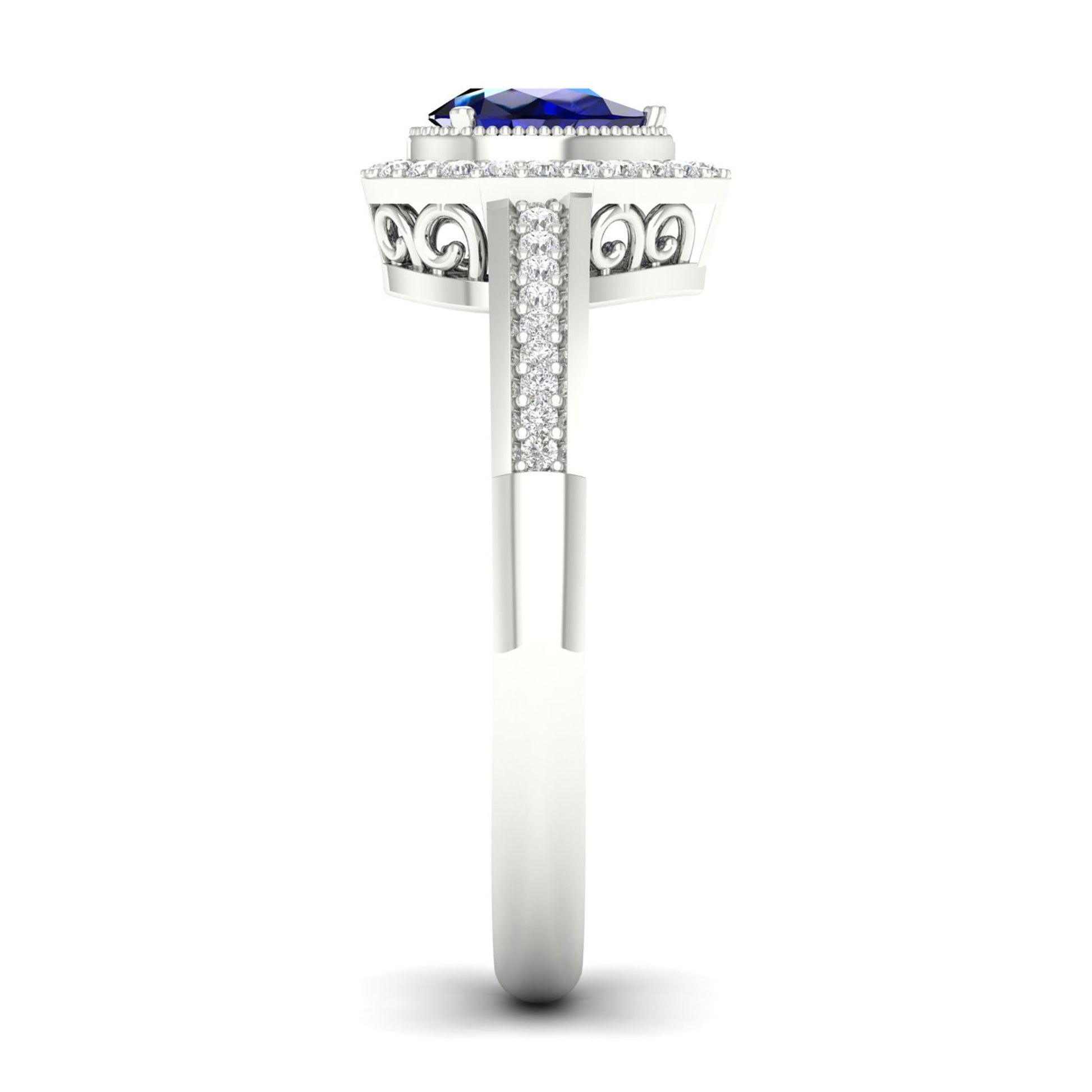 Blue Pear-Shaped Sapphire and 1/8 ct. tw. Diamond Halo Ring with Milgrain and Filigree Design in 10K White close-up detail