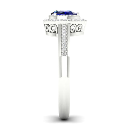 Blue Pear-Shaped Sapphire and 1/8 ct. tw. Diamond Halo Ring with Milgrain and Filigree Design in 10K White close-up detail