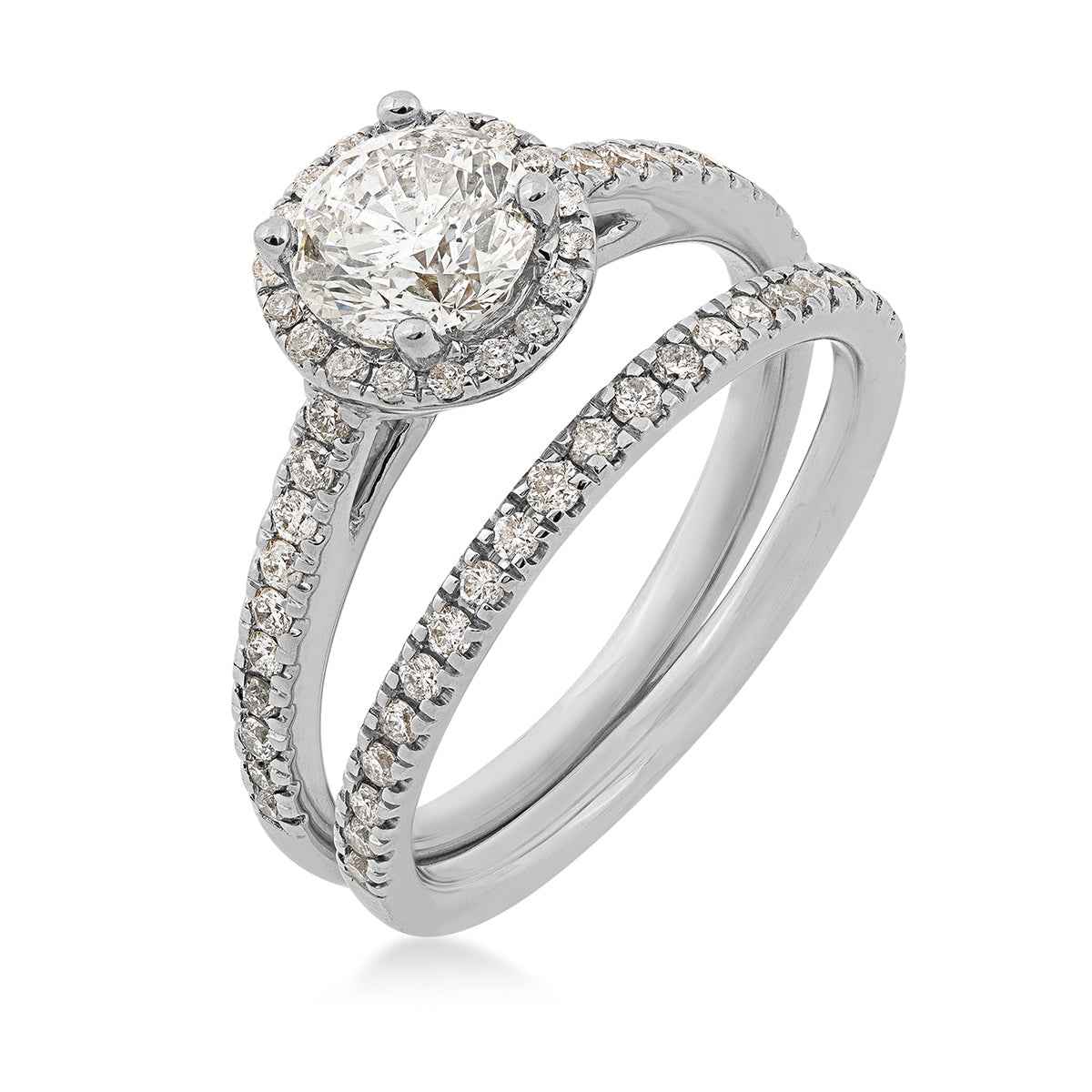 Noventa 1-1/2 ct. tw. Round Brilliant Diamond Halo Wedding Set in 14K White Gold - RB-8997-A78 W4 close-up detail