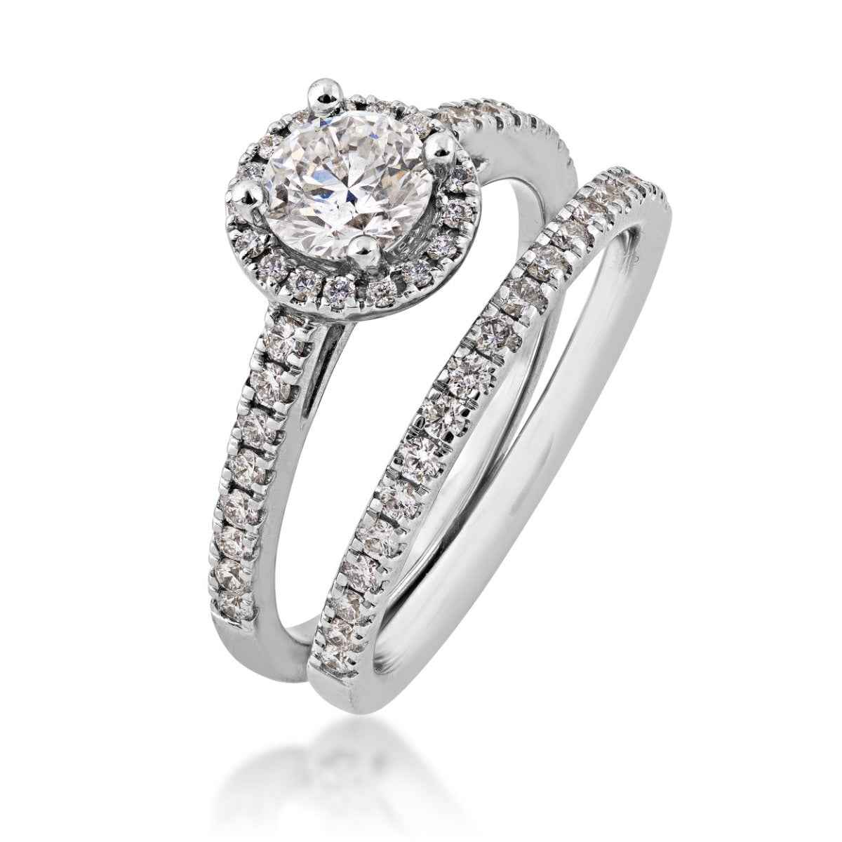 Noventa 1-1/4 ct. tw. Round Brilliant Diamond Halo Wedding Set in 14K White Gold close-up detail