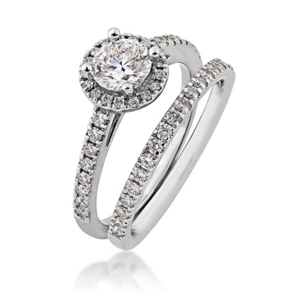 Noventa 1-1/4 ct. tw. Round Brilliant Diamond Halo Wedding Set in 14K White Gold close-up detail