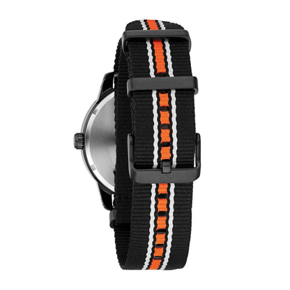 Harley Davidson Black Stainless Steel Watch with Black & Orange Nylon Strap close-up detail