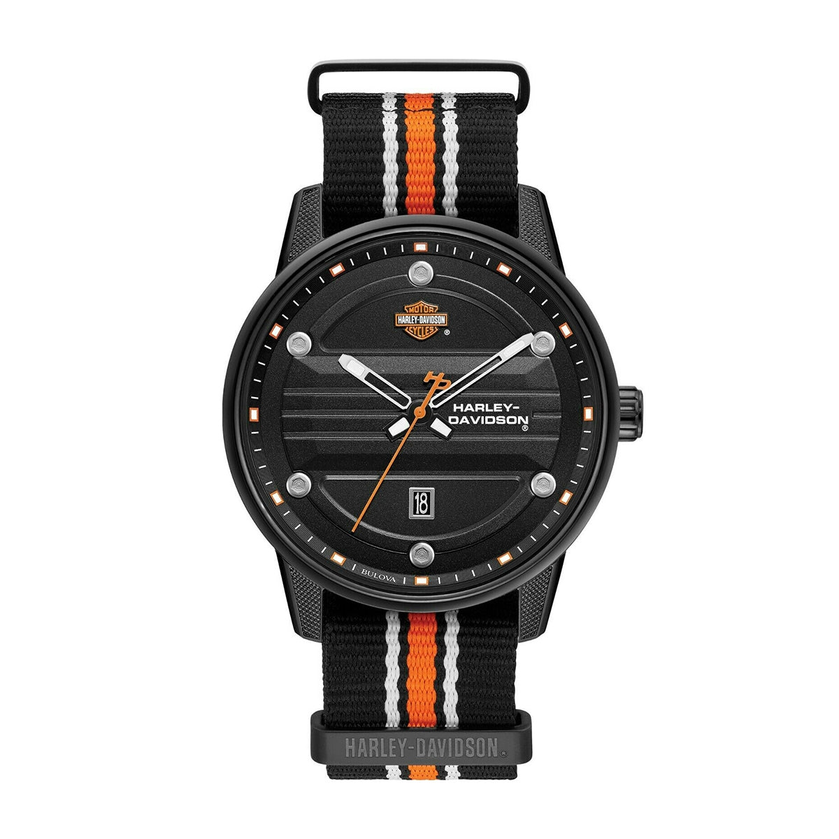 Harley Davidson Black Stainless Steel Watch with Black & Orange Nylon Strap