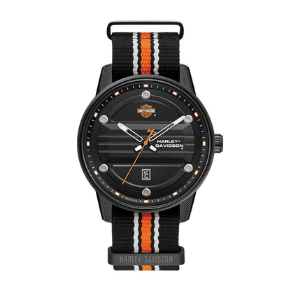 Harley Davidson Black Stainless Steel Watch with Black & Orange Nylon Strap