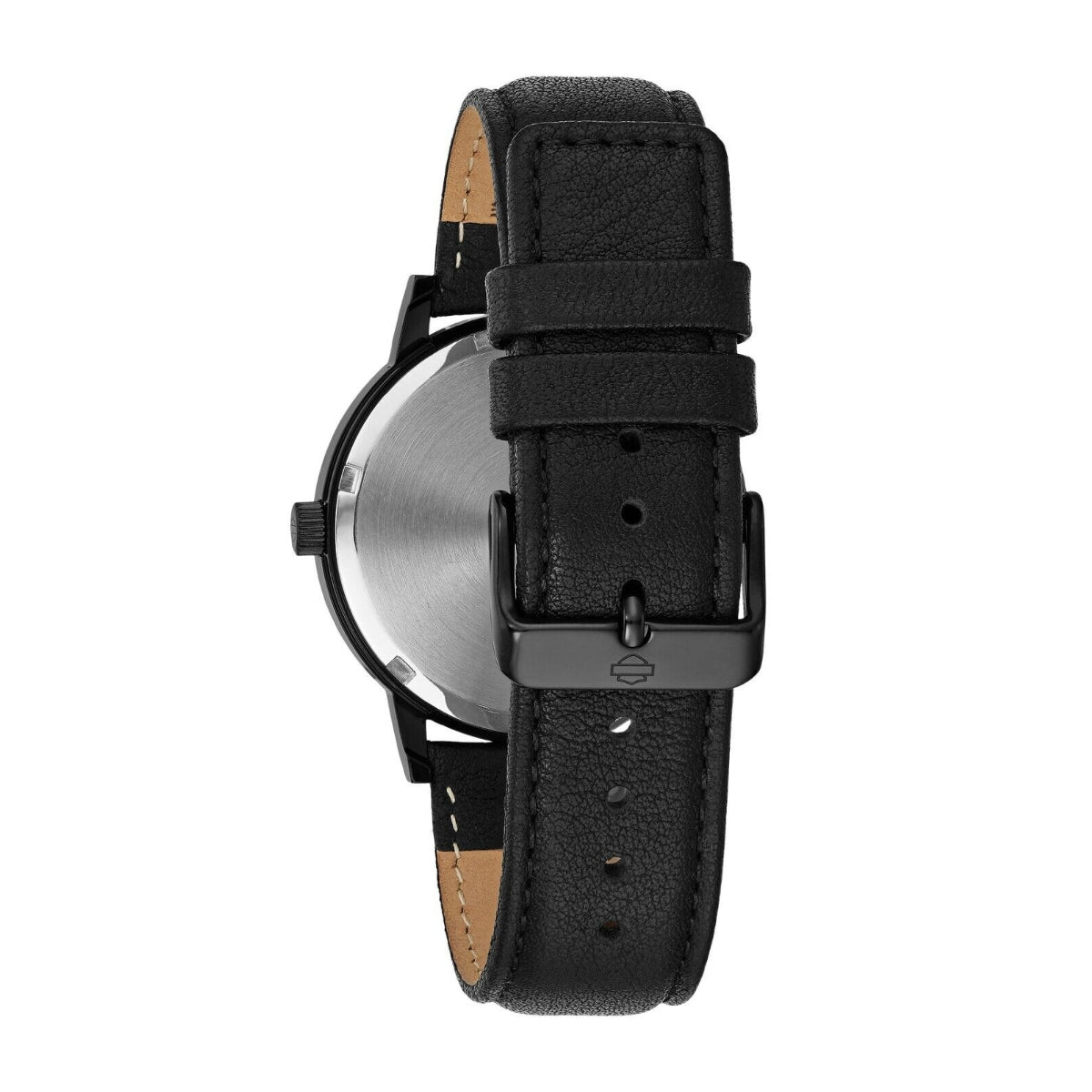 Harley Davidson Men's Black Stainless Steel Watch with Flame Dial & Black Leather Strap front view