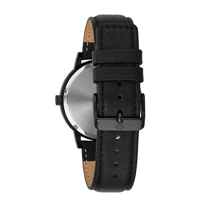 Harley Davidson Men's Black Stainless Steel Watch with Flame Dial & Black Leather Strap front view