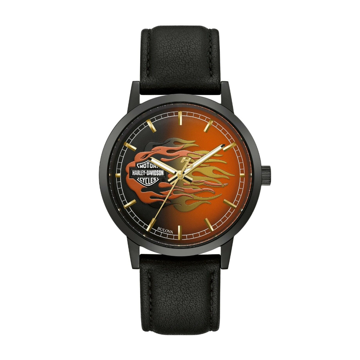Harley Davidson Men's Black Stainless Steel Watch with Flame Dial & Black Leather Strap