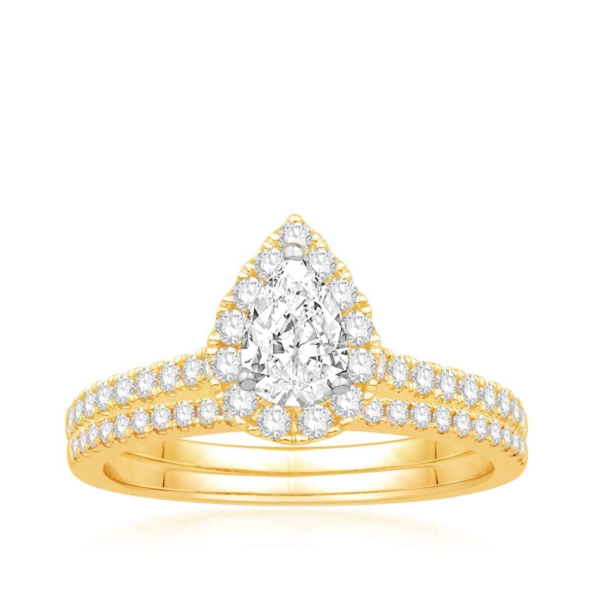 Natural 1 ct. tw. Pear Diamond Halo Wedding Set in 14K Yellow Gold