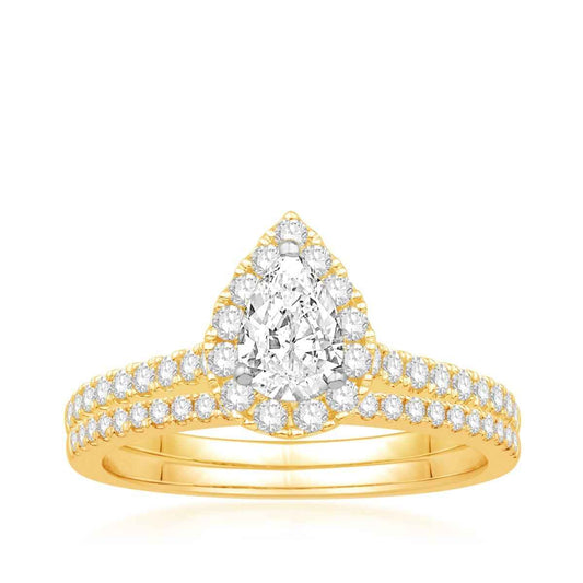 Natural 1 ct. tw. Pear Diamond Halo Wedding Set in 14K Yellow Gold