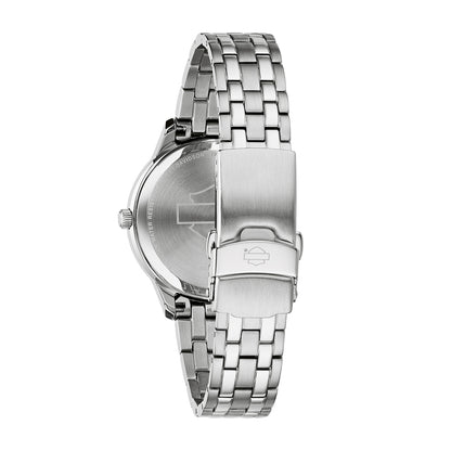 Harley Davidson Live To Ride Eagle Stainless Steel Watch with Black Dial close-up detail
