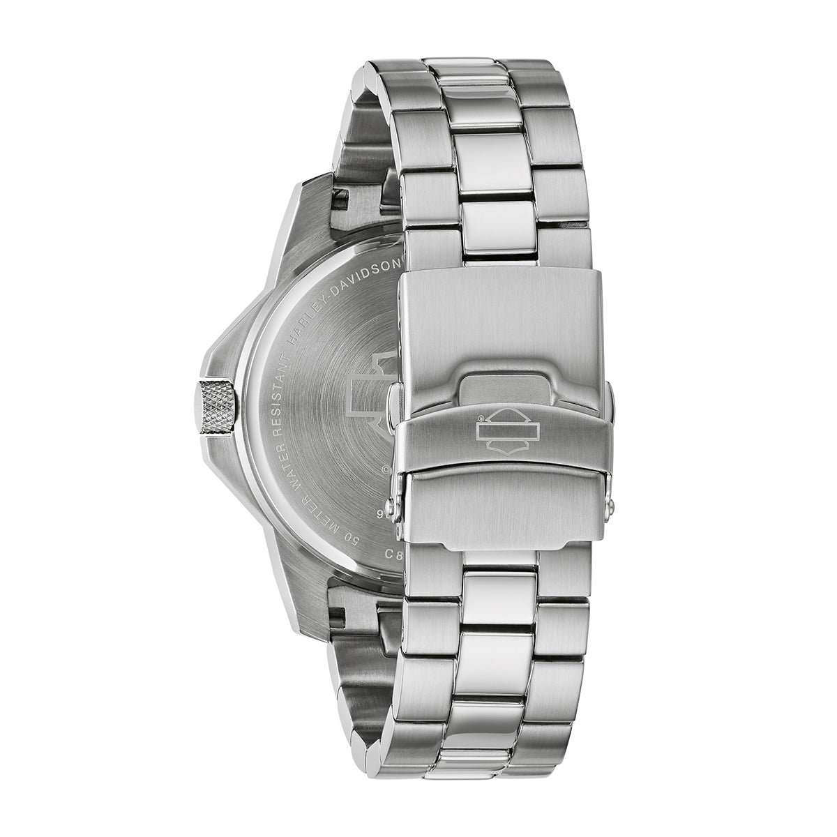 Harley Davidson Stainless Steel Watch with Orange & Gray Camo Dial close-up detail