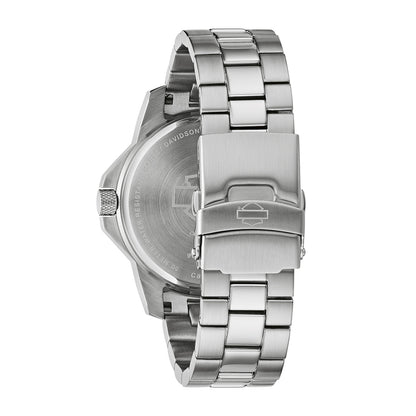 Harley Davidson Stainless Steel Watch with Orange & Gray Camo Dial close-up detail