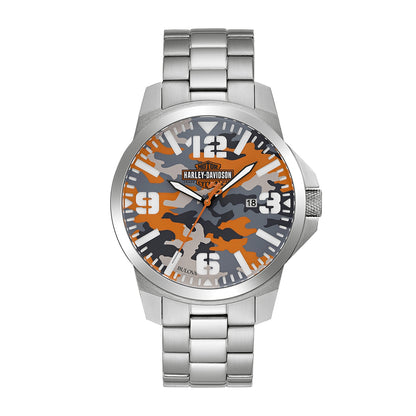 Harley Davidson Stainless Steel Watch with Orange & Gray Camo Dial