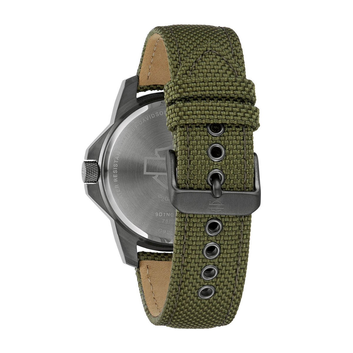 Harley Davidson Gunmetal Gray Stainless Steel Watch with Camo Dial & Green Nylon Strap front view