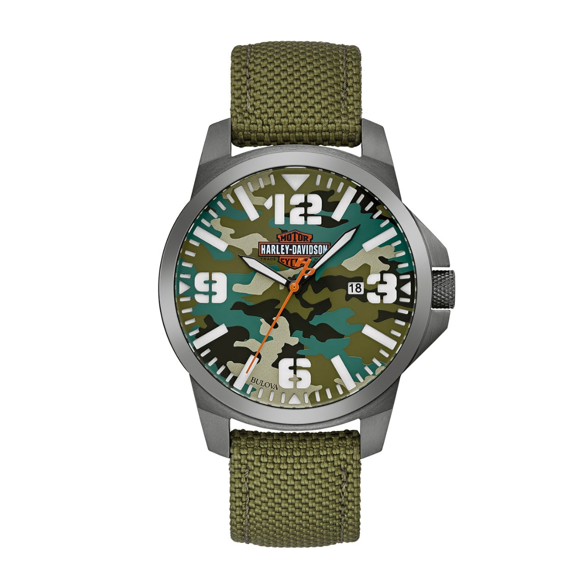 Harley Davidson Gunmetal Gray Stainless Steel Watch with Camo Dial & Green Nylon Strap