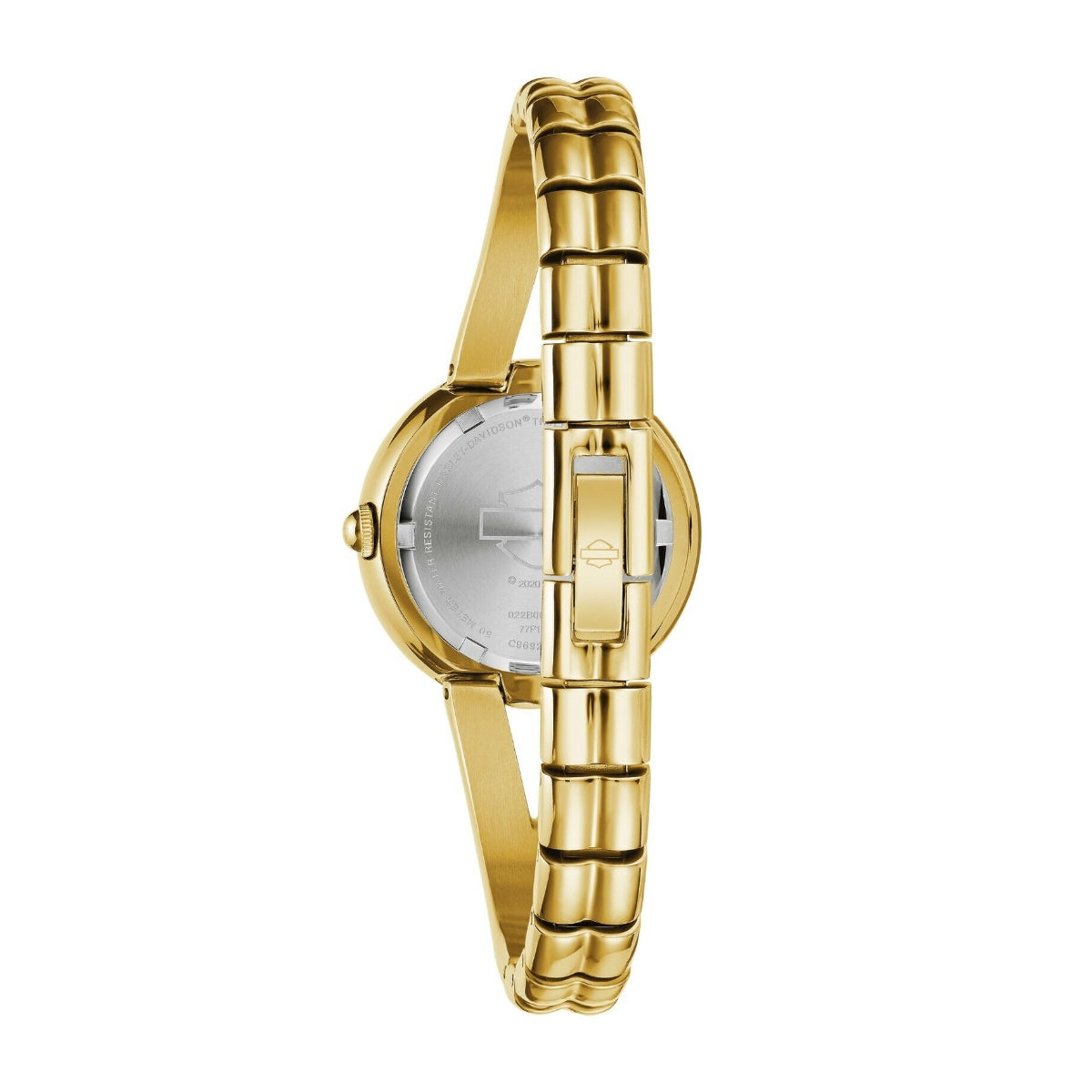 Harley Davidson Ladies' Gold-Tone Stainless Steel Watch with Black Dial & Diamond Accents front view