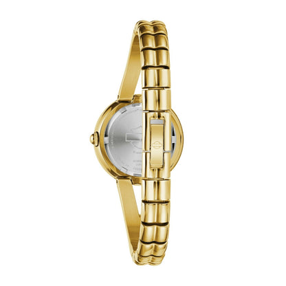 Harley Davidson Ladies' Gold-Tone Stainless Steel Watch with Black Dial & Diamond Accents front view