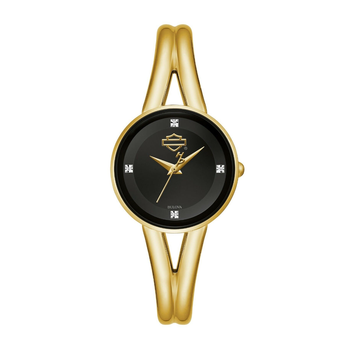 Harley Davidson Ladies' Gold-Tone Stainless Steel Watch with Black Dial & Diamond Accents