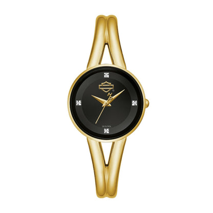 Harley Davidson Ladies' Gold-Tone Stainless Steel Watch with Black Dial & Diamond Accents