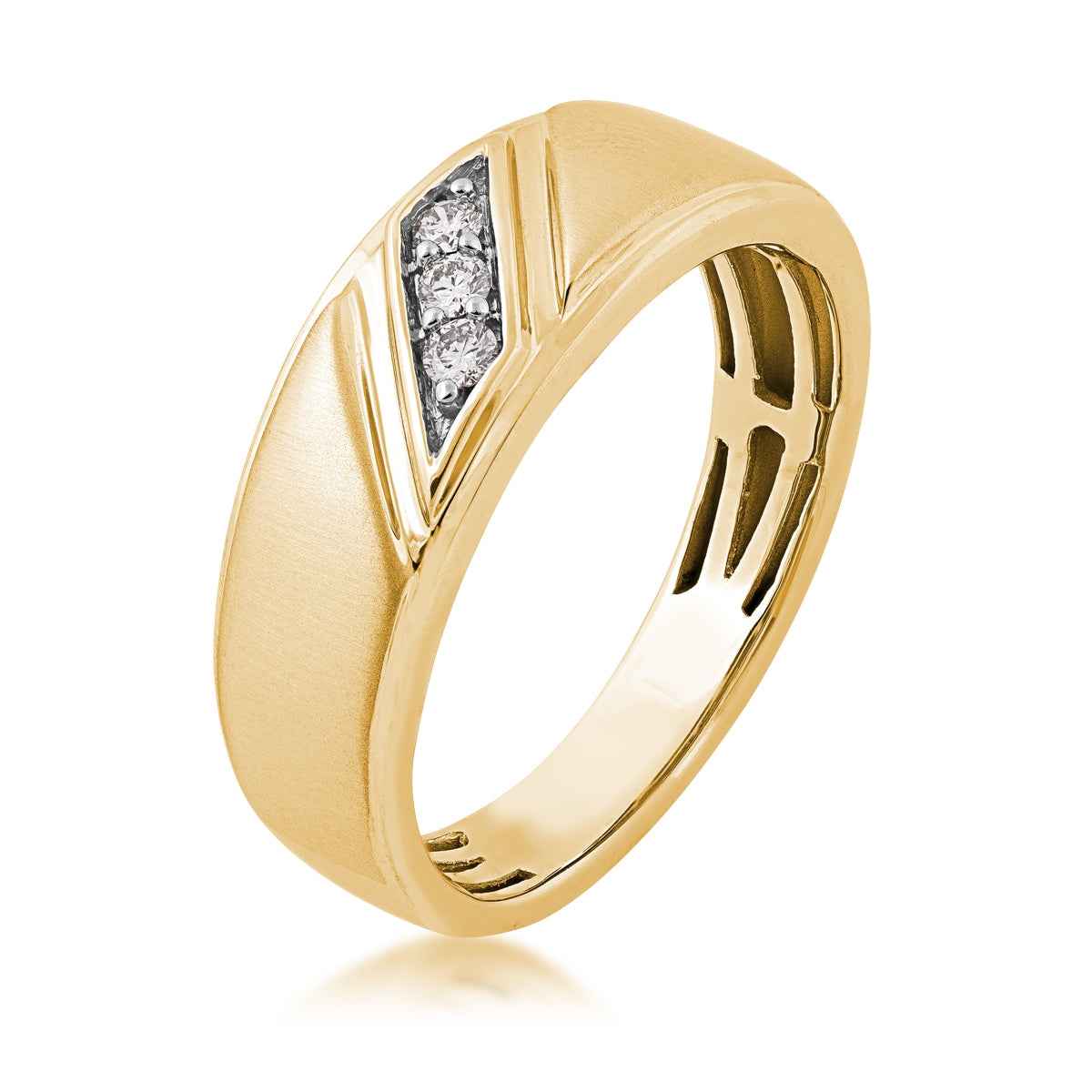 1/10 ct. tw. Men's Round Triple Diagonal Diamond Wedding Ring with Brushed Center in 10K Yellow Gold front view