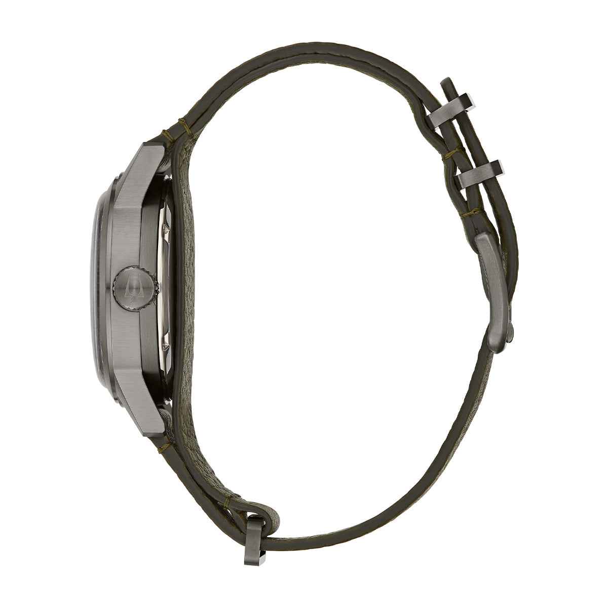 Bulova Men's Hack Stainless Steel Watch with Black Dial & Green Leather Strap front view
