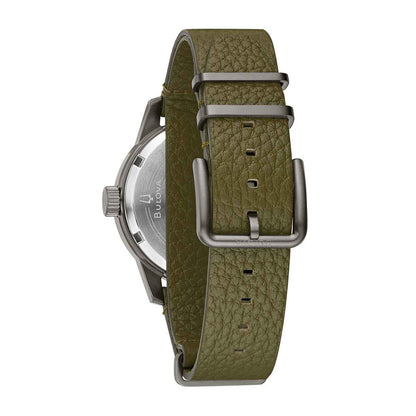 Bulova Men's Hack Stainless Steel Watch with Black Dial & Green Leather Strap close-up detail