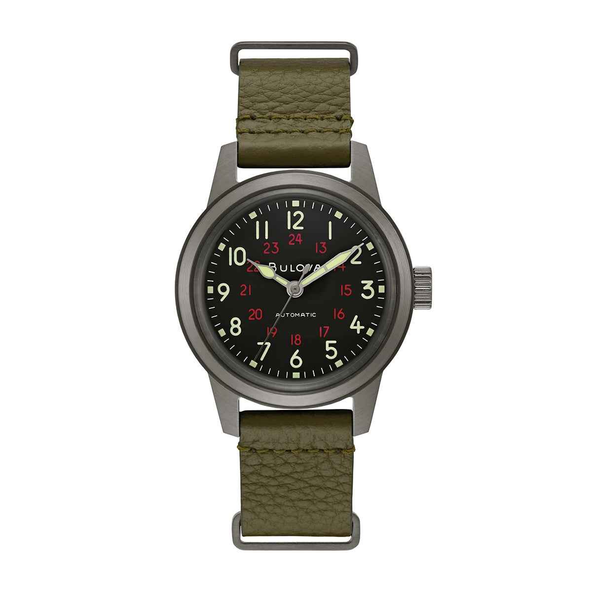 Bulova Men's Hack Stainless Steel Watch with Black Dial & Green Leather Strap