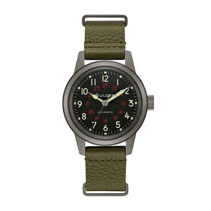 Bulova Men's Hack Stainless Steel Watch with Black Dial & Green Leather Strap