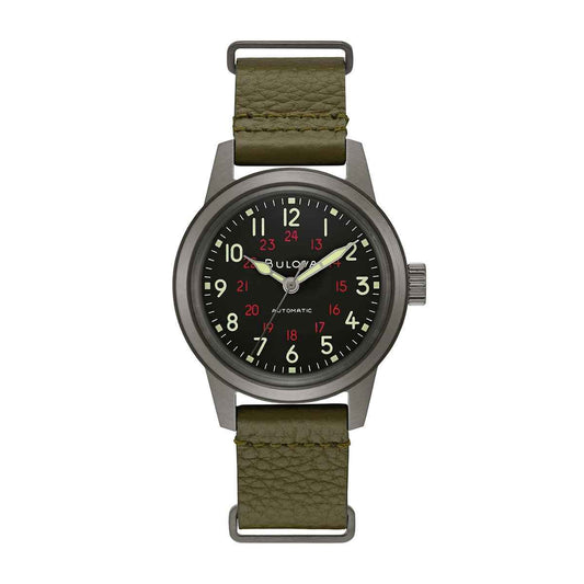 Bulova Men's Hack Stainless Steel Watch with Black Dial & Green Leather Strap