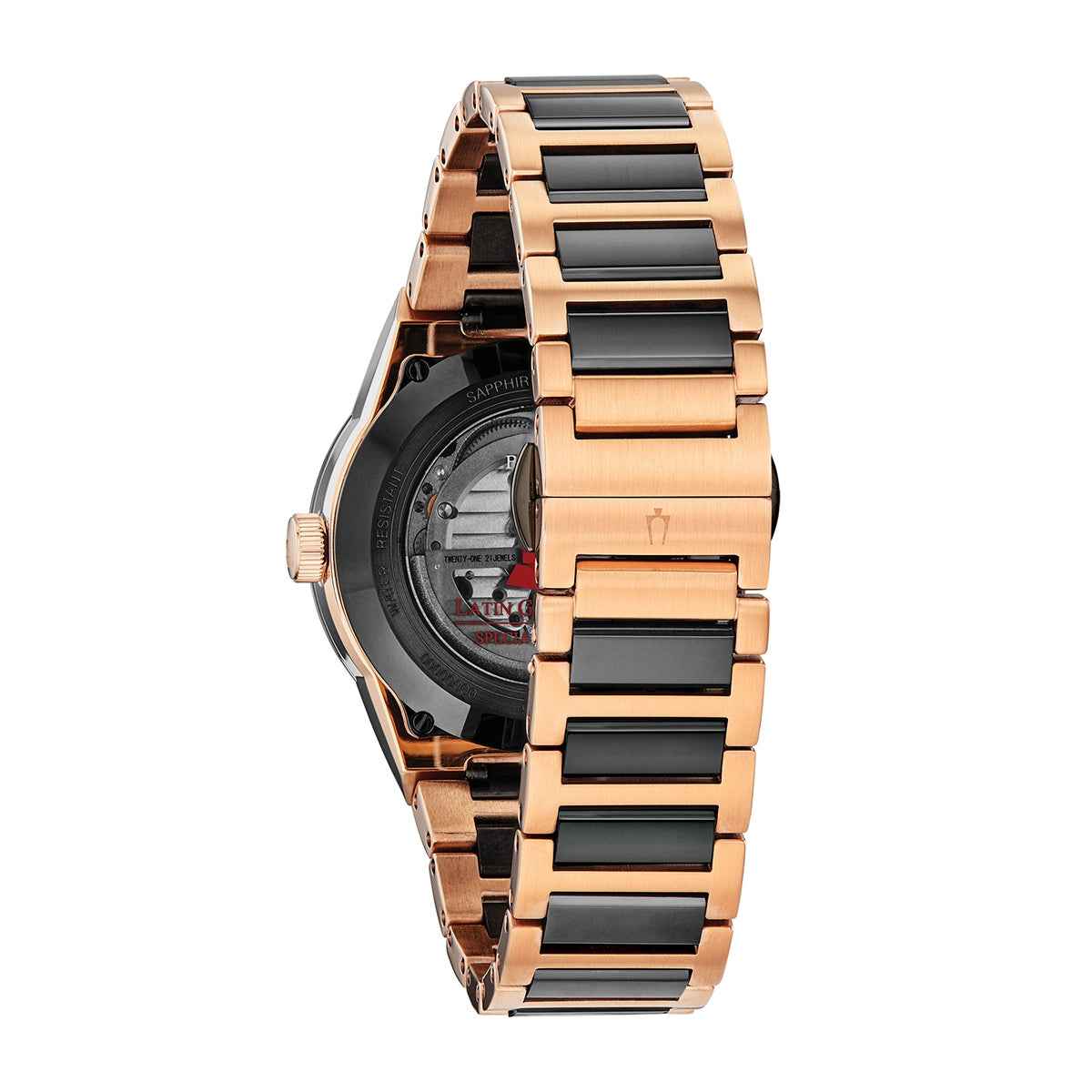 Bulova Latin Grammy Men's Black & Pink-Tone Stainless Steel Watch with Black Dial close-up detail