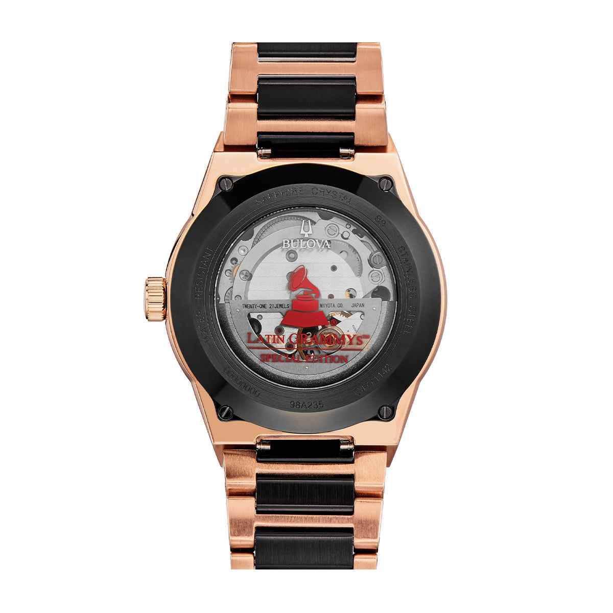 Bulova Latin Grammy Men's Black & Pink-Tone Stainless Steel Watch with Black Dial side profile