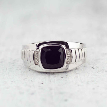 Men's Genuine Cushion Cut Onyx Ring with .01 ct. tw. Diamond Accents in Sterling Silver side profile