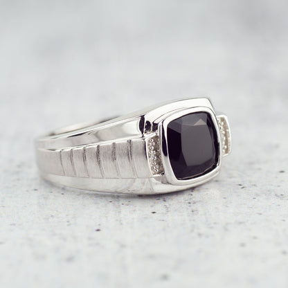 Men's Genuine Cushion Cut Onyx Ring with .01 ct. tw. Diamond Accents in Sterling Silver full view
