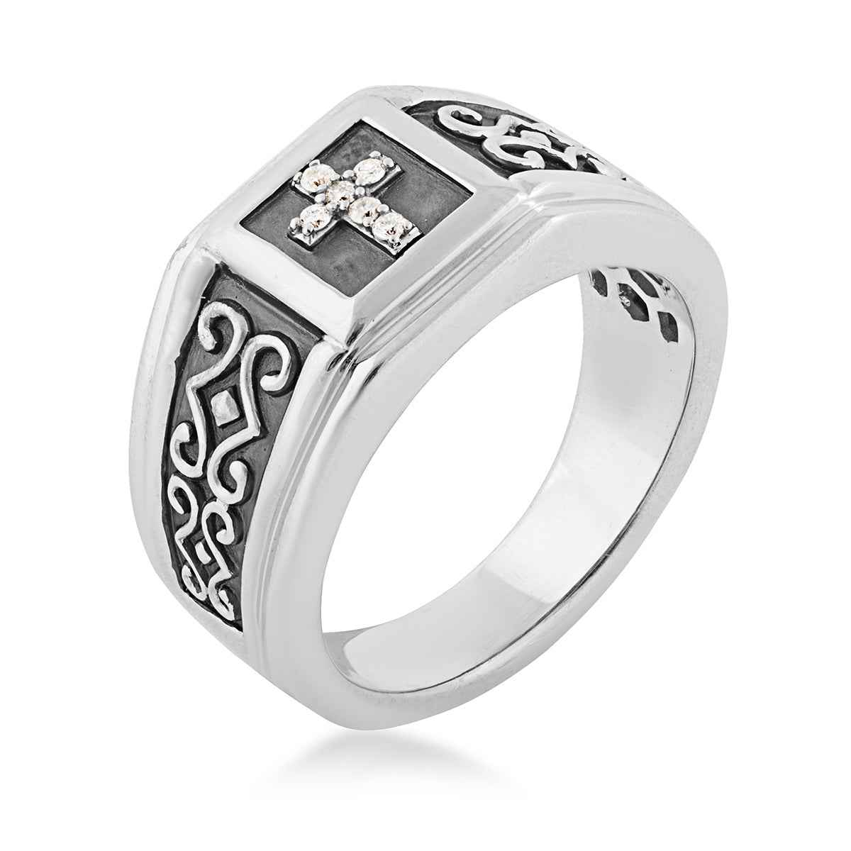 Diamond Accent Men's Cross Ring with Black Rhodium Plating in Sterling Silver front view