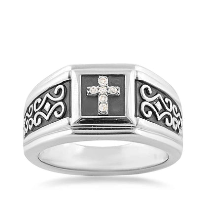 Diamond Accent Men's Cross Ring with Black Rhodium Plating in Sterling Silver