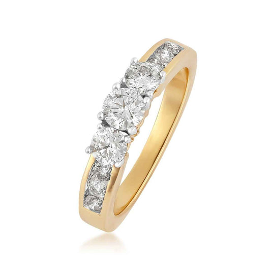 1 ct. tw. 3-Stone Round Brilliant Diamond Anniversary Ring with Channel Set Side Diamonds in 10K Yellow Gold front view