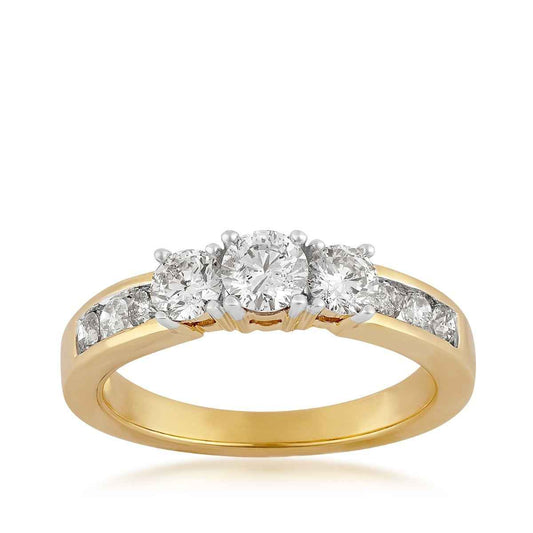 1 ct. tw. 3-Stone Round Brilliant Diamond Anniversary Ring with Channel Set Side Diamonds in 10K Yellow Gold
