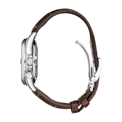 stainless steel men's Seiko Prospex Alpinist automatic watch with green dial and brown leather strap