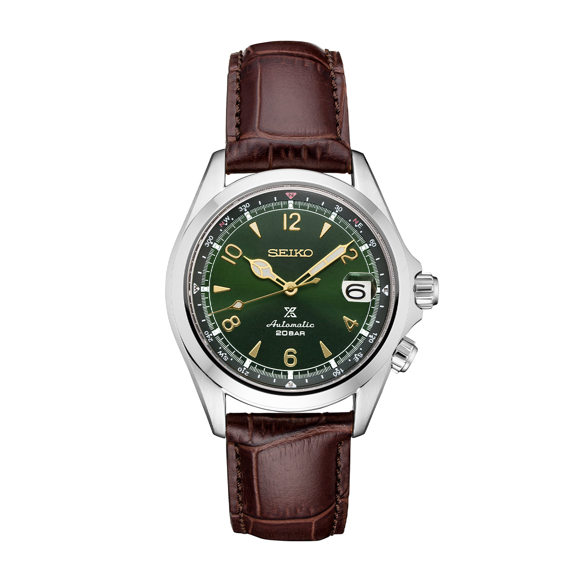 stainless steel men's Seiko Prospex Alpinist automatic watch with green dial and brown leather strap

