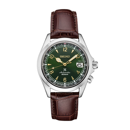 stainless steel men's Seiko Prospex Alpinist automatic watch with green dial and brown leather strap
