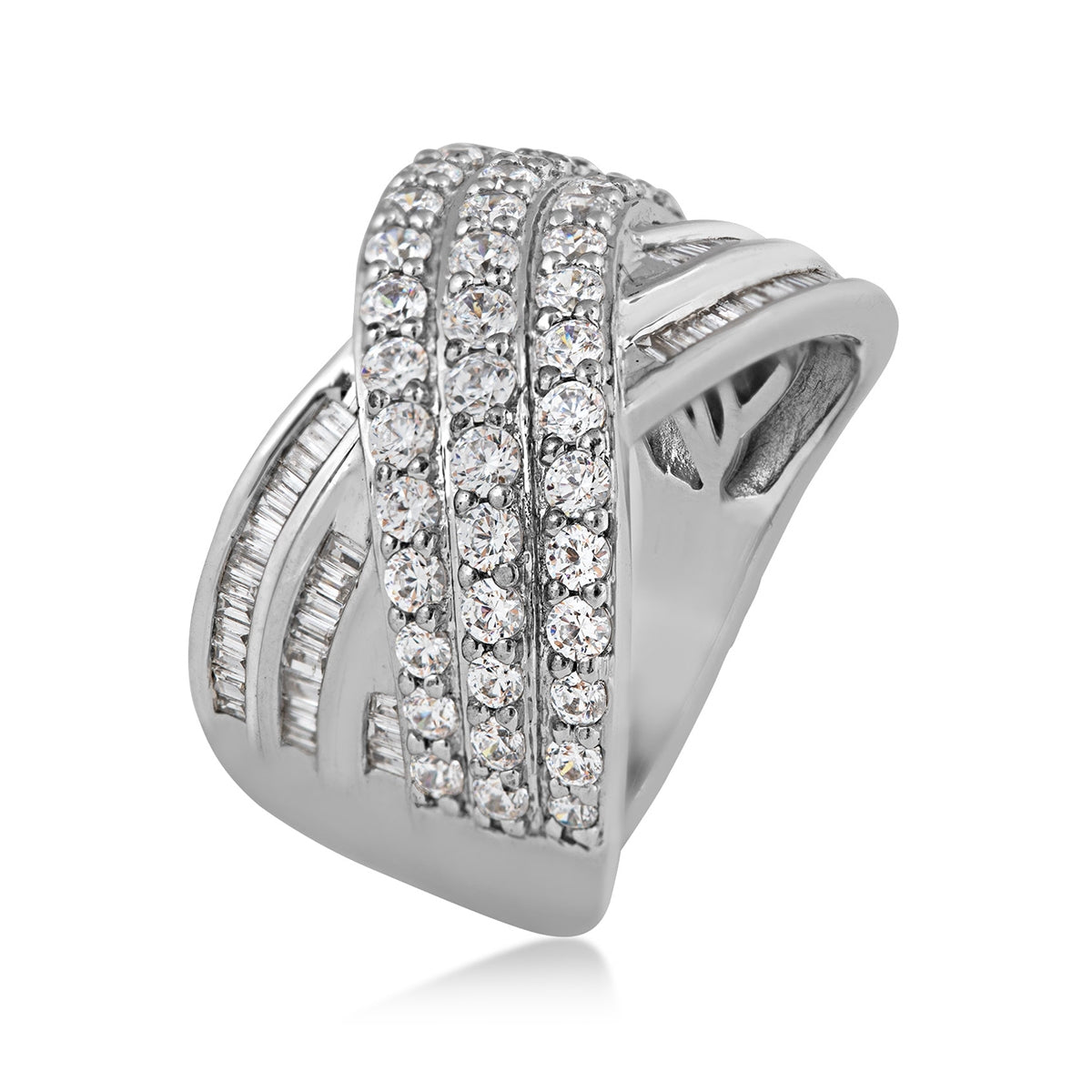 1 ct. tw. Round & Baguette Diamond Crossover Ring in 10K White Gold front view
