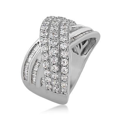 1 ct. tw. Round & Baguette Diamond Crossover Ring in 10K White Gold front view