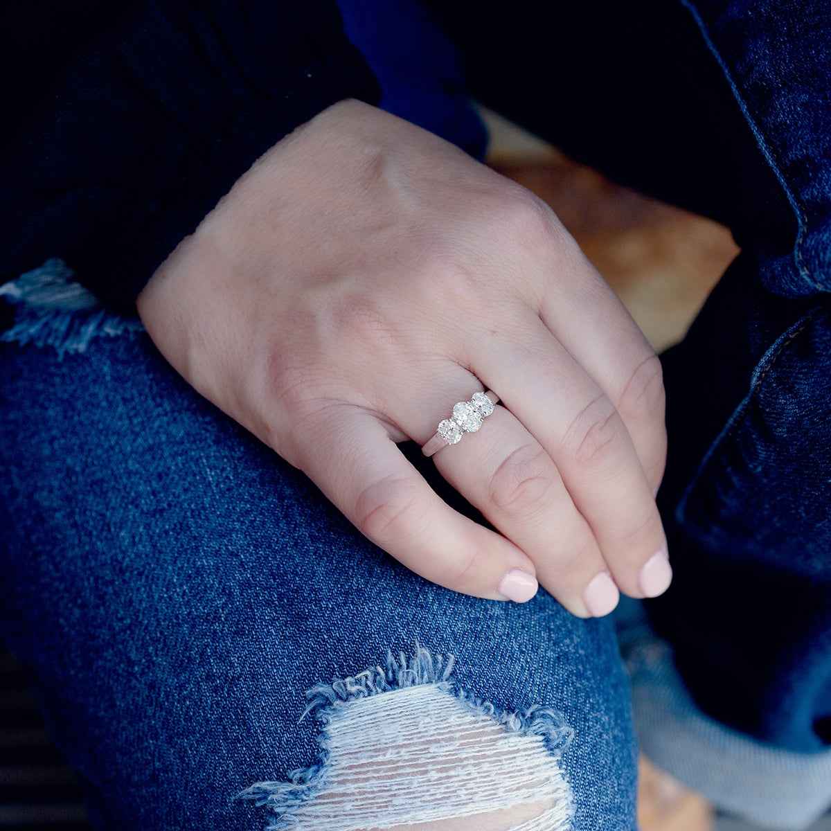 Adamante 1-1/2 ct. tw. Lab-Grown Oval Diamond 3-Stone Ring in 10K White Gold close-up detail