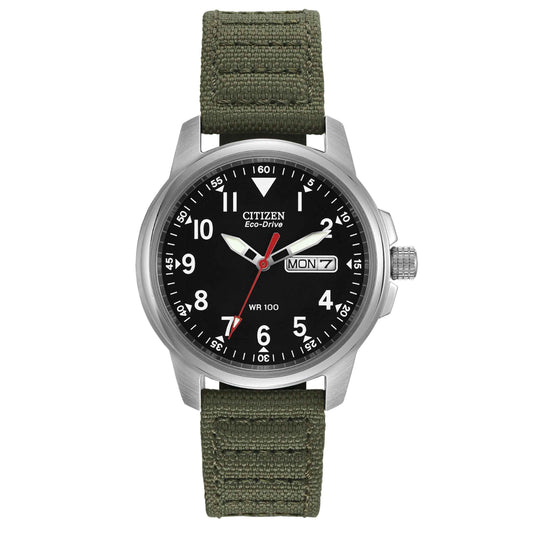 Citizen Chandler Men's Military Inspired Watch with Simple Black Dial in Stainless Steel Case with Rugged Woven Green