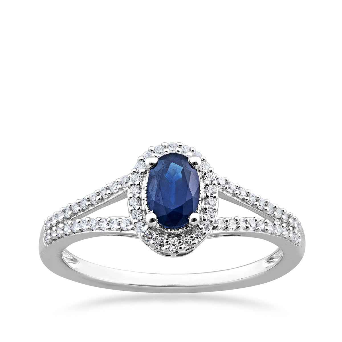 Oval Sapphire and 1/6 ct. tw. Diamond Halo Split Shank Ring in 10K White Gold