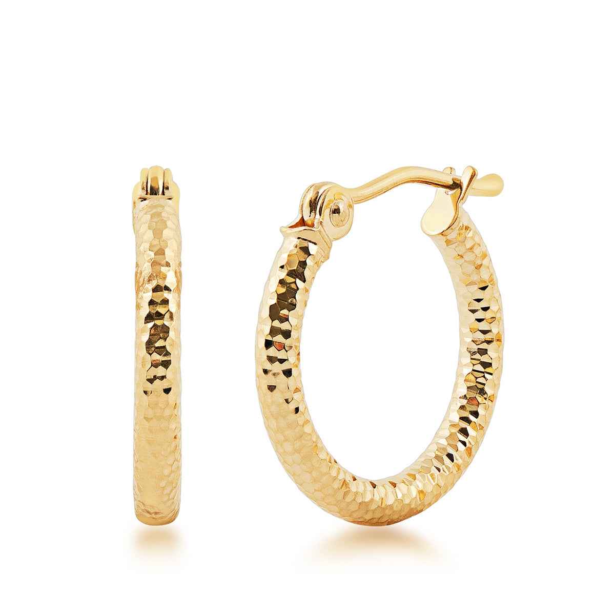 2x15mm Diamond Cut Textured Hoop Earrings in 14K Yellow Gold