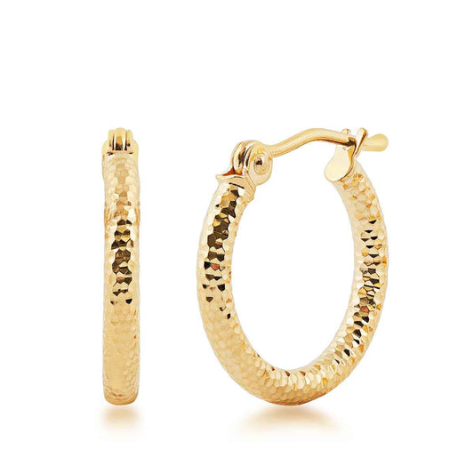 2x15mm Diamond Cut Textured Hoop Earrings in 14K Yellow Gold