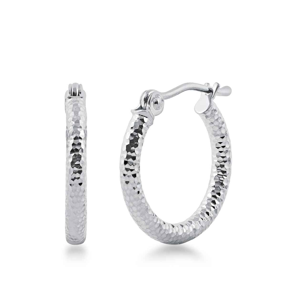 2x15mm Diamond Cut Textured Hoop Earrings in 14K White Gold